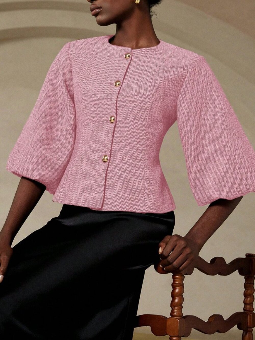 Pink Casual Women's Round Neck Puff Sleeve Regular Fit Blazer